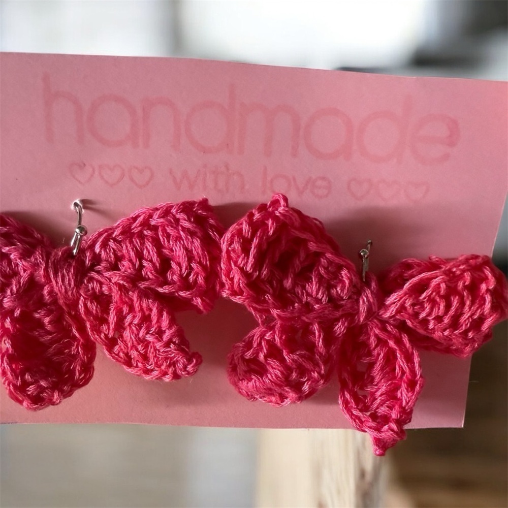 Handmade Pink Crochet bow Earrings – Lightweight & Boho Chic - Picture 2 of 4